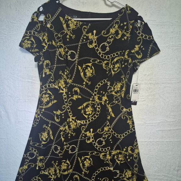NWT AGB Dress Black Gold Damask Chain Print Mob Wife Old Money Retail 78.5 Sz 14 - Picture 1 of 12